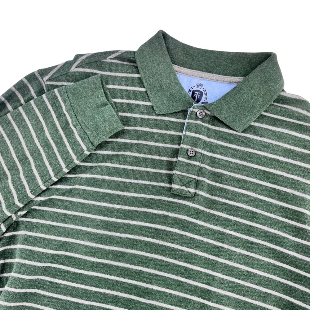 Roundtree & York Mens Long Sleeve Polo Shirt Green Striped Medium Casual